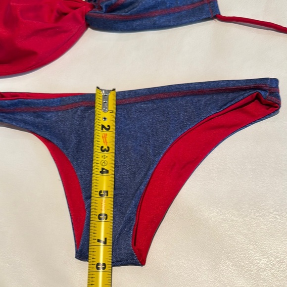Women small Red and Blue Jean Denim feeling Bikini Set strapless or halter - Picture 6 of 8